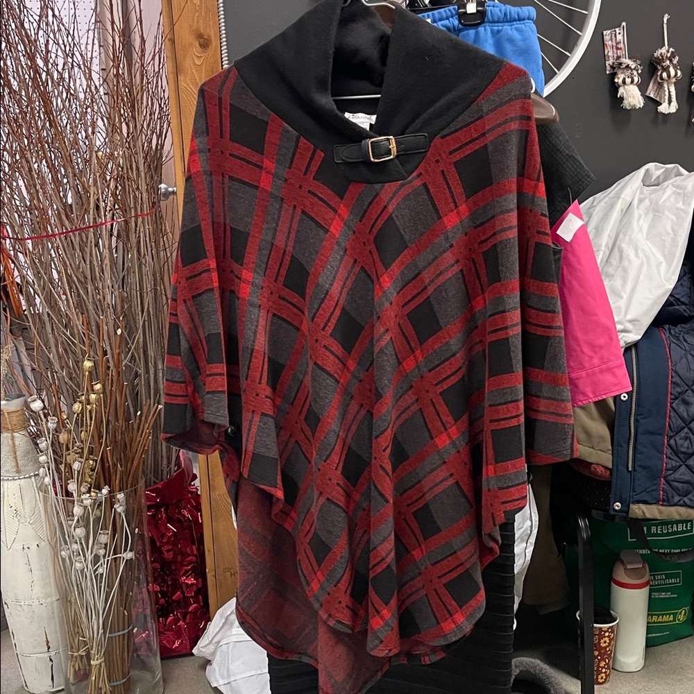 Arianne Red and Black Plaid Poncho with Buckle